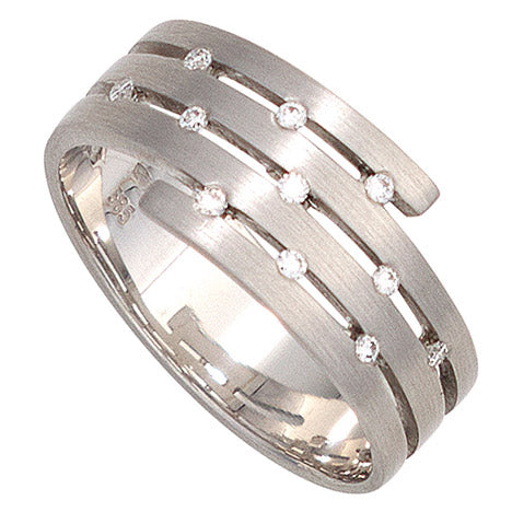 Damen Ring breit 585 Gold Weißgold matt 11 Diamanten Brillanten Weißgoldring