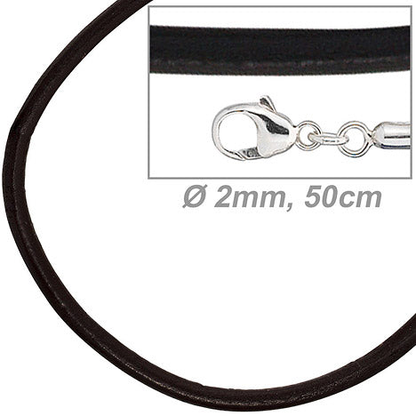Leder Halskette Kette Schnur schwarz 50 cm Karabiner 925 Sterling Silber
