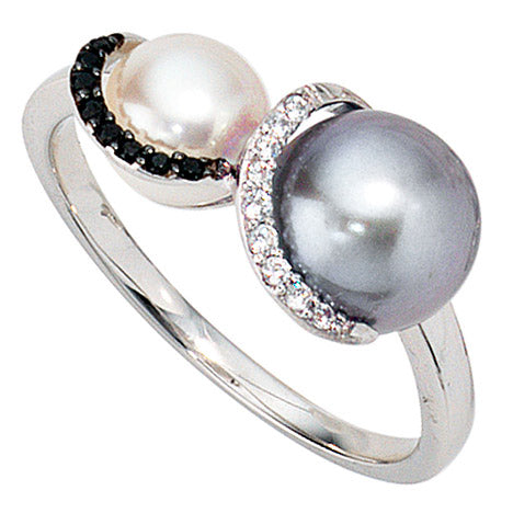 Damen Ring 585 Gold Weißgold 2 Süßwasser Perlen 17 Diamanten Brillanten Goldring