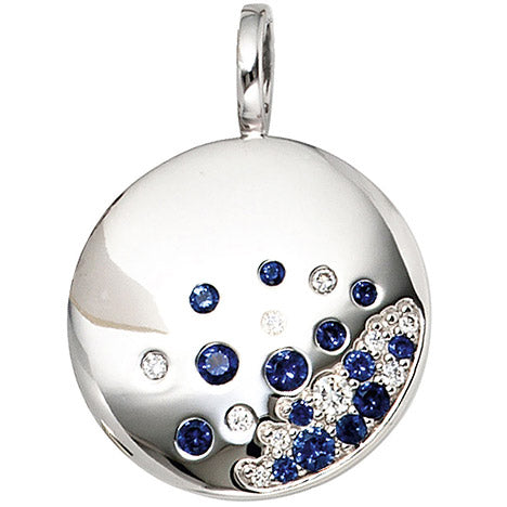 Anhänger rund 585 Gold Weißgold 10 Diamanten Brillanten 0 10ct. 14 blaue Safire