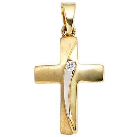 Anhänger Kreuz 333 Gold Gelbgold mattiert 1 Zirkonia Kreuzanhänger Goldkreuz
