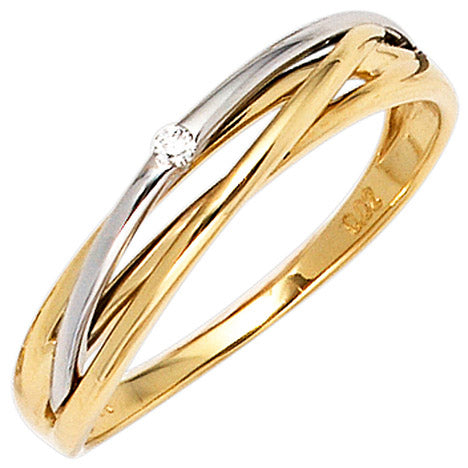 Damen Ring 585 Gold Gelbgold Weißgold bicolor 1 Diamant Brillant 0 02ct.