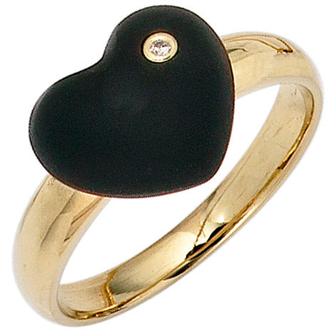 Damen Herz Ring 585 Gold Gelbgold 1 Onyx schwarz 1 Diamant Brillant Goldring