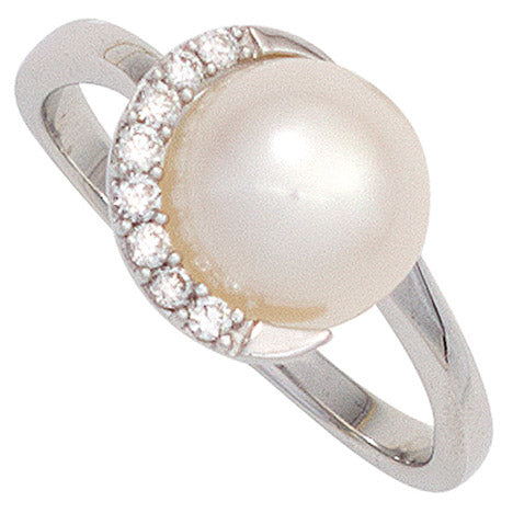 Damen Ring 585 Gold Weißgold 1 Süßwasser Perle 8 Diamanten Brillanten Goldring