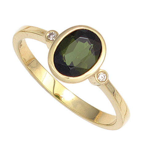 Damen Ring 585 Gold Gelbgold 1 Turmalin grün 2 Diamanten 0 02ct. Goldring