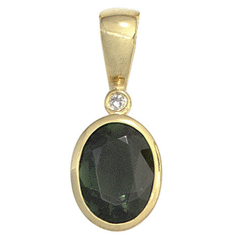 Anhänger oval 585 Gold Gelbgold 1 Turmalin grün 1 Diamant 0 01ct. Goldanhänger