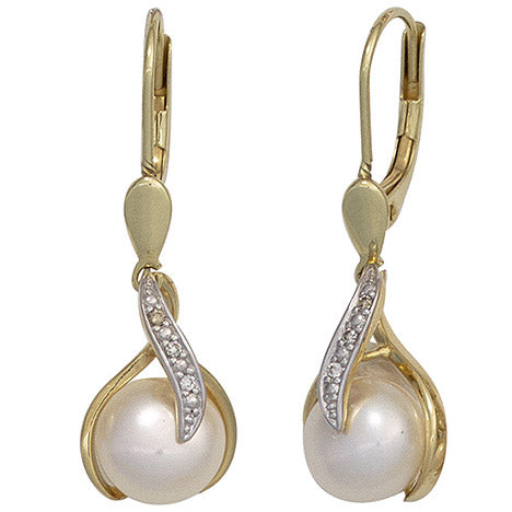 Boutons 585 Gold Gelbgold 2 Süßwasser Perlen 6 Diamanten Ohrringe Ohrhänger
