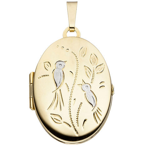 Medaillon Vögel oval für 2 Fotos 333 Gold Gelbgold matt Anhänger zum Öffnen