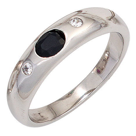 Damen Ring 925 Sterling Silber rhodiniert 1 Safir blau 2 Zirkonia Silberring