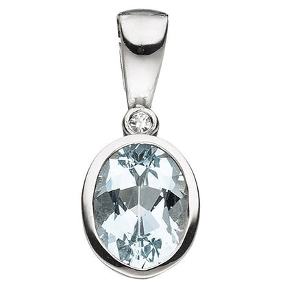 Anhänger oval 585 Gold Weißgold 1 Aquamarin blau hellblau 1 Diamant 0 01ct.