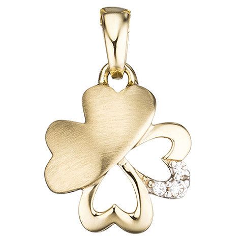 Anhänger Kleeblatt 333 Gold Gelbgold mattiert 3 Zirkonia Glücksbringer