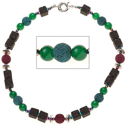 Halskette Edelsteinkette Lava mit Achat und Hämatin bunt 48 cm Kette