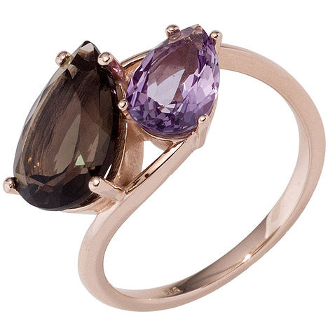 Damen Ring 585 Gold Rotgold 1 Rauchquarz braun 1 Amethyst lila violett Goldring