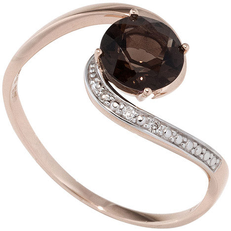 Damen Ring 585 Rotgold bicolor 1 Rauchquarz braun 3 Diamanten Brillanten