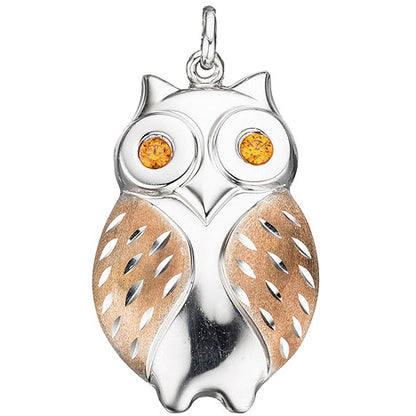 Anhänger Eule 925 Sterling Silber rotgold vergoldet bicolor 2 Zirkonia orange