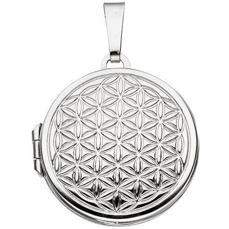 Medaillon rund Lebensblume 925 Sterling Silber rhodiniert zum Öffnen für 2 Fotos