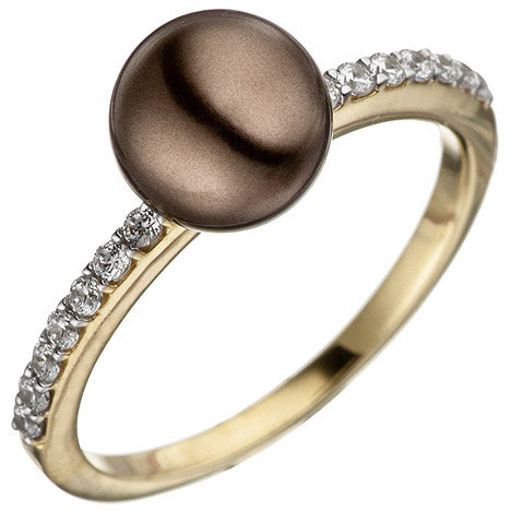 Damen Ring 333 Gold Gelbgold bicolor mit dunkler Perle und Zirkonia Perlenring