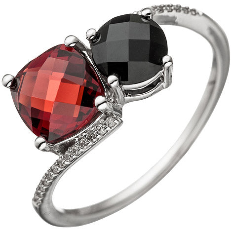 Damen Ring 585 Gold Weißgold 24 Diamanten Brillanten 1 Granat rot 1 Onyx