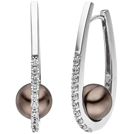 Creolen 925 Sterling Silber 2 Perlen braun 20 Zirkonia Ohrringe Perlenohrringe