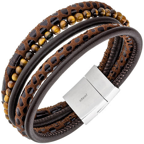 Armband 5-reihig Leder braun mit Tigeraugen-Kugeln und Edelstahl 18 5 cm