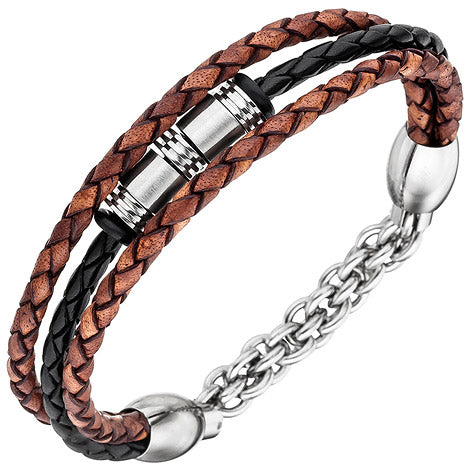 Herren Armband 3-reihig Leder schwarz braun mit Edelstahl 21 cm Herrenarmband