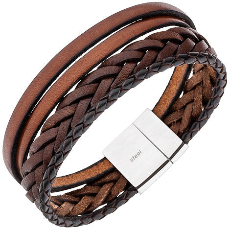 Herren Armband 4-reihig Leder braun geflochten mit Edelstahl 21 cm Herrenarmband