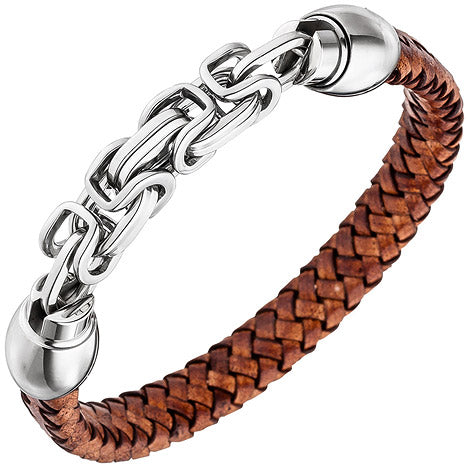 Herren Armband Leder braun geflochten mit Edelstahl 21 cm Herrenarmband