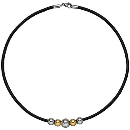 Collier Kette mit Anhänger Kugeln Edelstahl bicolor 8 Zirkonia Lederband 42 cm