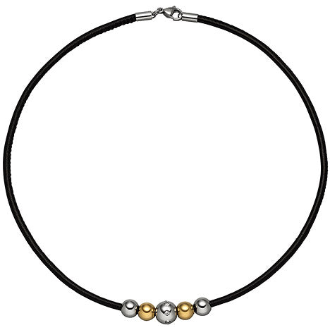 Collier Kette mit Anhänger Kugeln Edelstahl bicolor 8 Zirkonia Lederband 42 cm