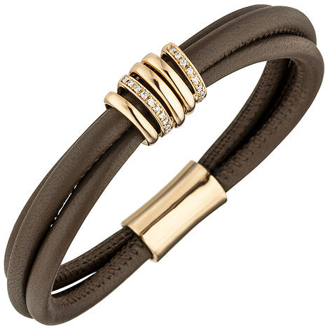 Armband 3-reihig Leder taupe mit 585 Gold Rotgold 34 Diamanten Brillanten 0 24ct