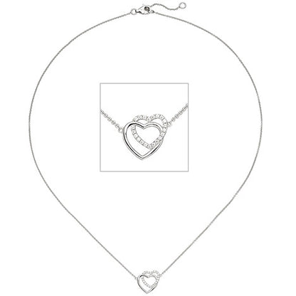 Collier Halskette Herzen 925 Sterling Silber 21 Zirkonia 45 cm Kette Silberkette