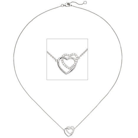 Collier Halskette Herzen 925 Sterling Silber 21 Zirkonia 45 cm Kette Silberkette
