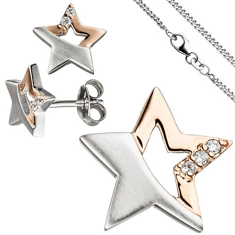 Kinder Schmuck-Set Stern 925 Silber rosegold vergoldet Zirkonia mit Kette 38 cm