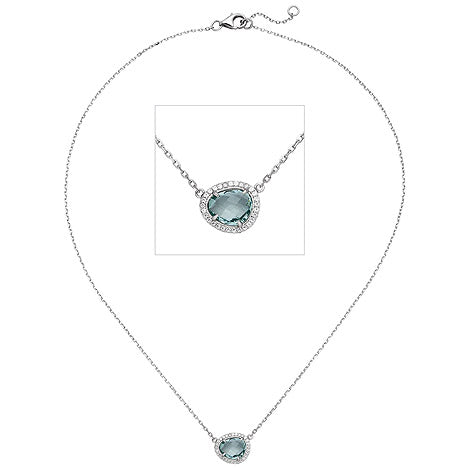 Kette mit Anhänger 925 Silber 1 Glasstein blau hellblau 29 Zirkonia 45 cm