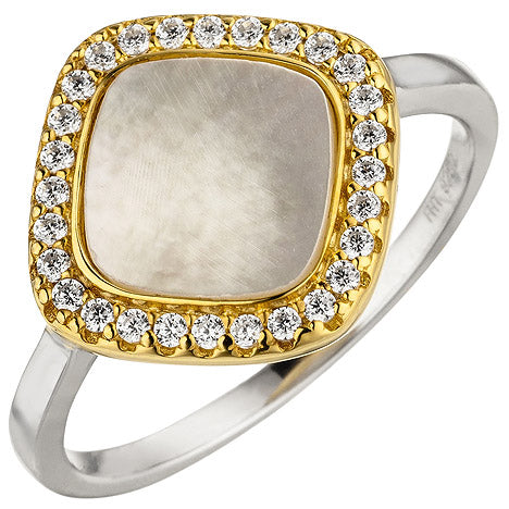 Damen Ring 925 Sterling Silber bicolor vergoldet Perlmutt 28 Zirkonia