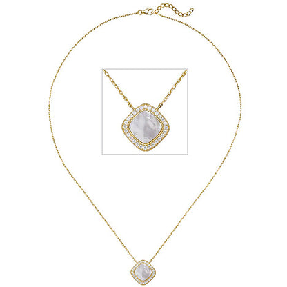 Kette mit Anhänger 925 Silber gold vergoldet Perlmutt Einlage 28 Zirkonia 45 cm