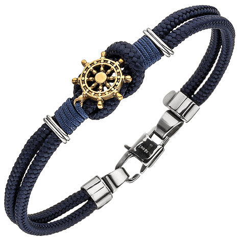 Armband Steuer Steuerrad 2-reihig Baumwolle dunkelblau mit Edelstahl 21 cm