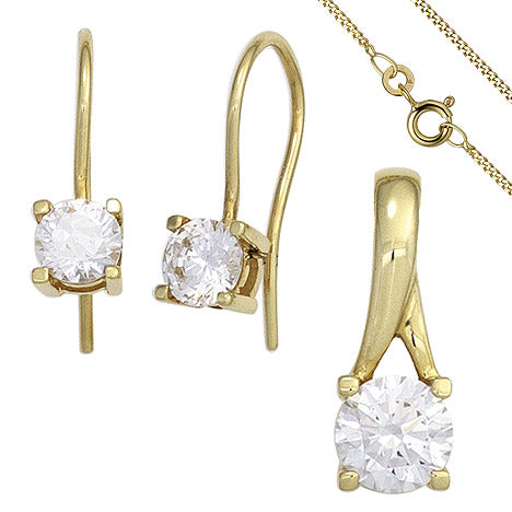 Schmuck-Set 333 Gold Gelbgold 3 Zirkonia Ohrringe und Kette 45 cm