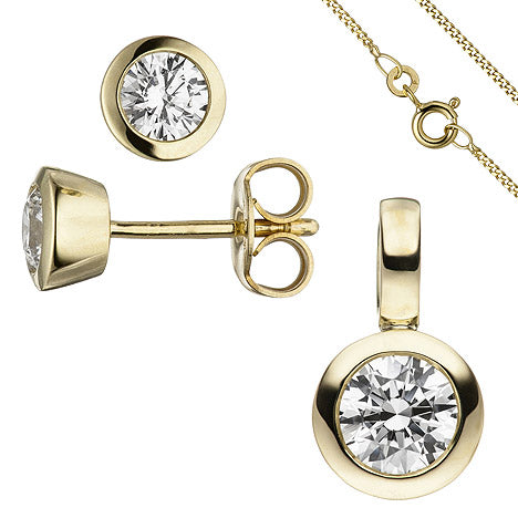 Schmuck-Set 333 Gold Gelbgold 3 Zirkonia Ohrstecker und Kette 45 cm
