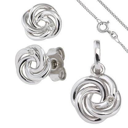 Schmuck-Set Knoten 585 Gold Weißgold 3 Diamanten Ohrringe und Kette 42 cm