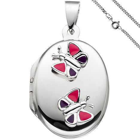 Medaillon Schmetterling Anhänger für 2 Fotos oval 925 Silber mit Kette 50 cm