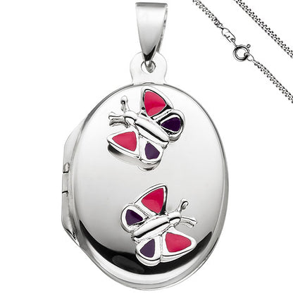 Medaillon Schmetterling Anhänger für 2 Fotos oval 925 Silber mit Kette 50 cm