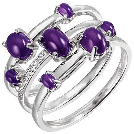 Damen Ring breit 925 Sterling Silber 7 Amethyst-Cabochons lila 9 Zirkonia