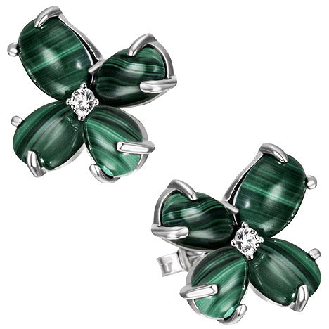 Ohrstecker Blume 925 Sterling Silber 8 Malachit-Cabochons 2 Zirkonia Ohrringe