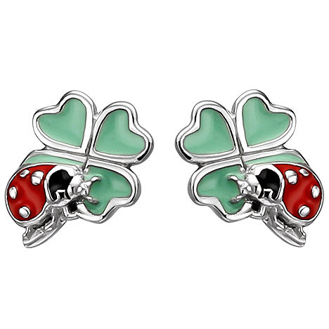 Kinder Ohrstecker Marienkäfer auf Kleeblatt 925 Sterling Silber Ohrringe