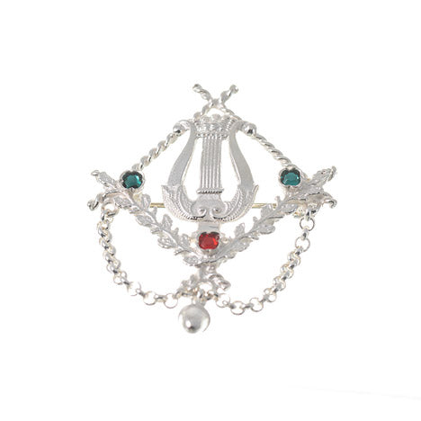 Brosche Tracht 835 Silber Lyra grün rot